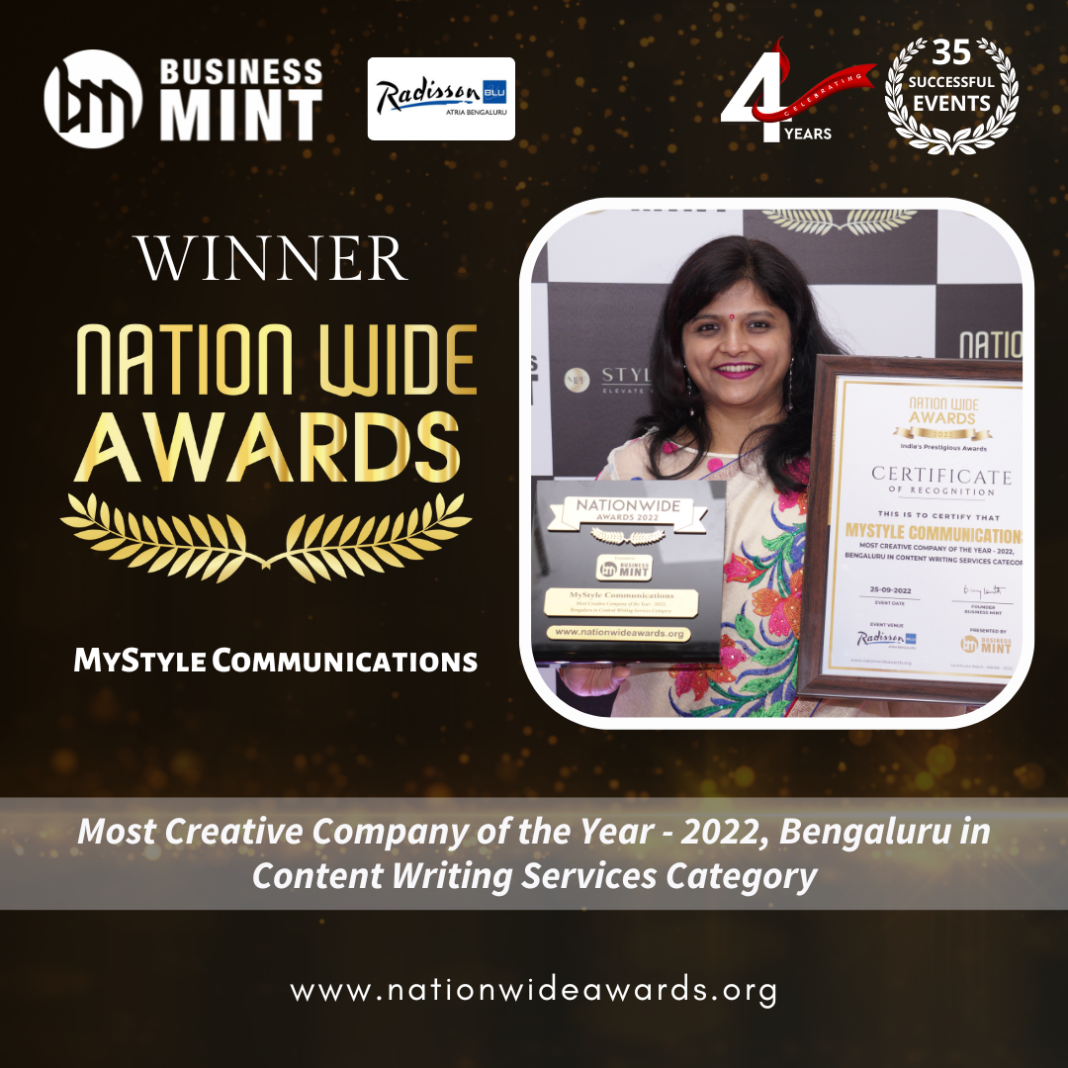 MyStyle Communications has been recognized as The Most Creative Company of the Year – 2022, Bengaluru in Content Writing Services Category