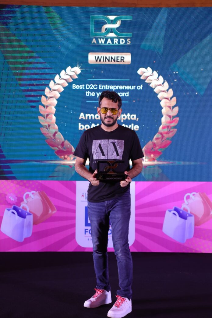 Mr. Aman Gupta, Co-Founder & CMO at boAt Lifestyle, receiving ‘The Best D2C Entrepreneur of the Year’ Award at the prestigious D2C Awards, which was part of the second edition of D2C Founders’ Exclusive Residential Meet, organized by the Internet and Mobile Association of India (IAMAI) in partnership with Meta from November 18 to 20, 2022, at Alila Diwa, Goa.